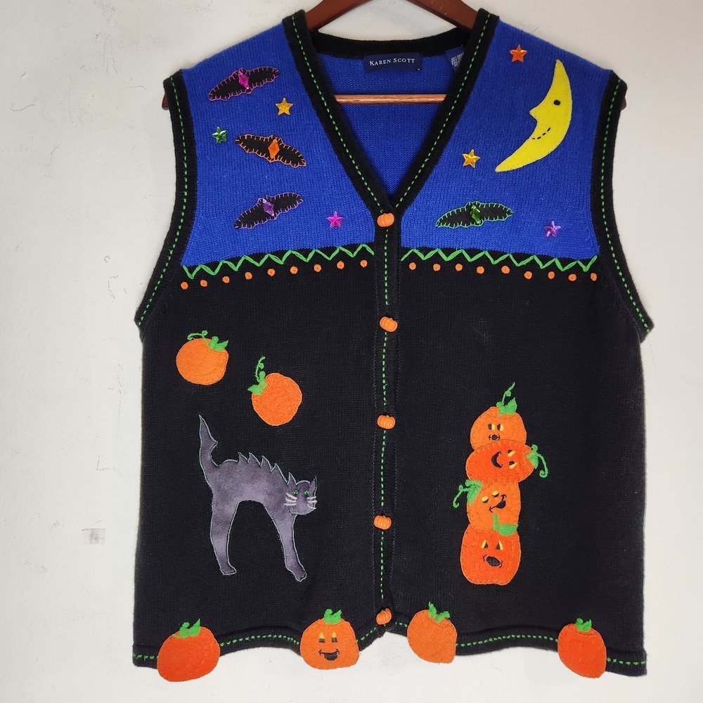 Vintage 90s Halloween Sweater Vest Black Cat Pumpkin Bats Witchy Kitsch L